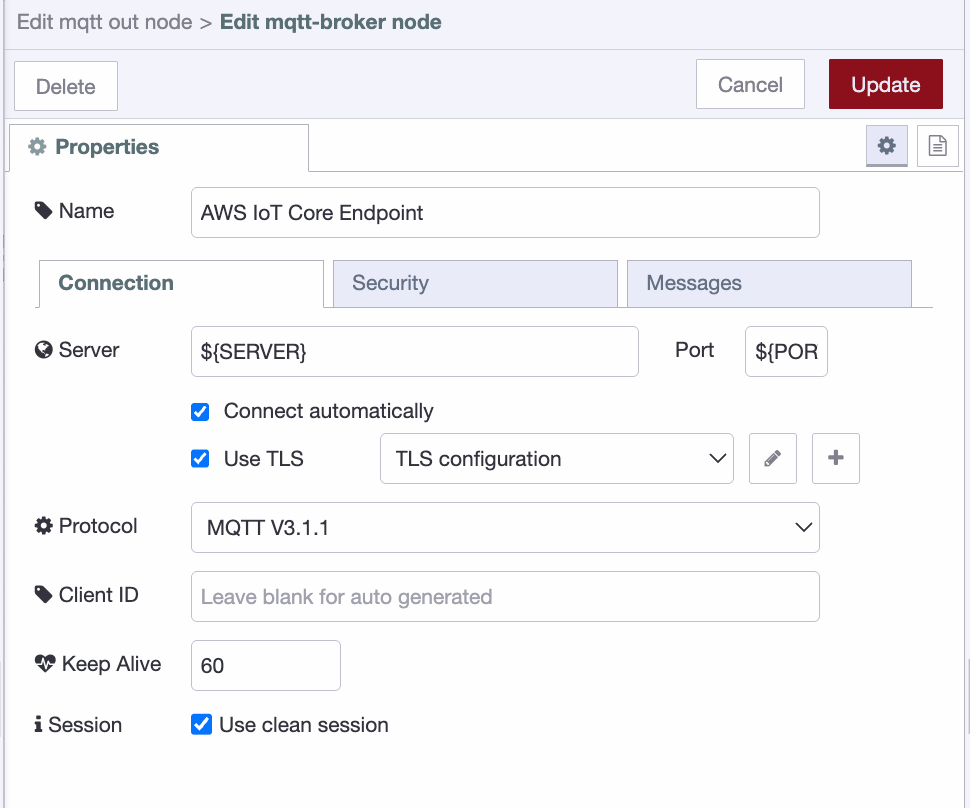 "Node-RED MQTT broker configuration showing the Connection tab with the AWS IoT endpoint entered, port set to 8883, and Enable TLS checked"