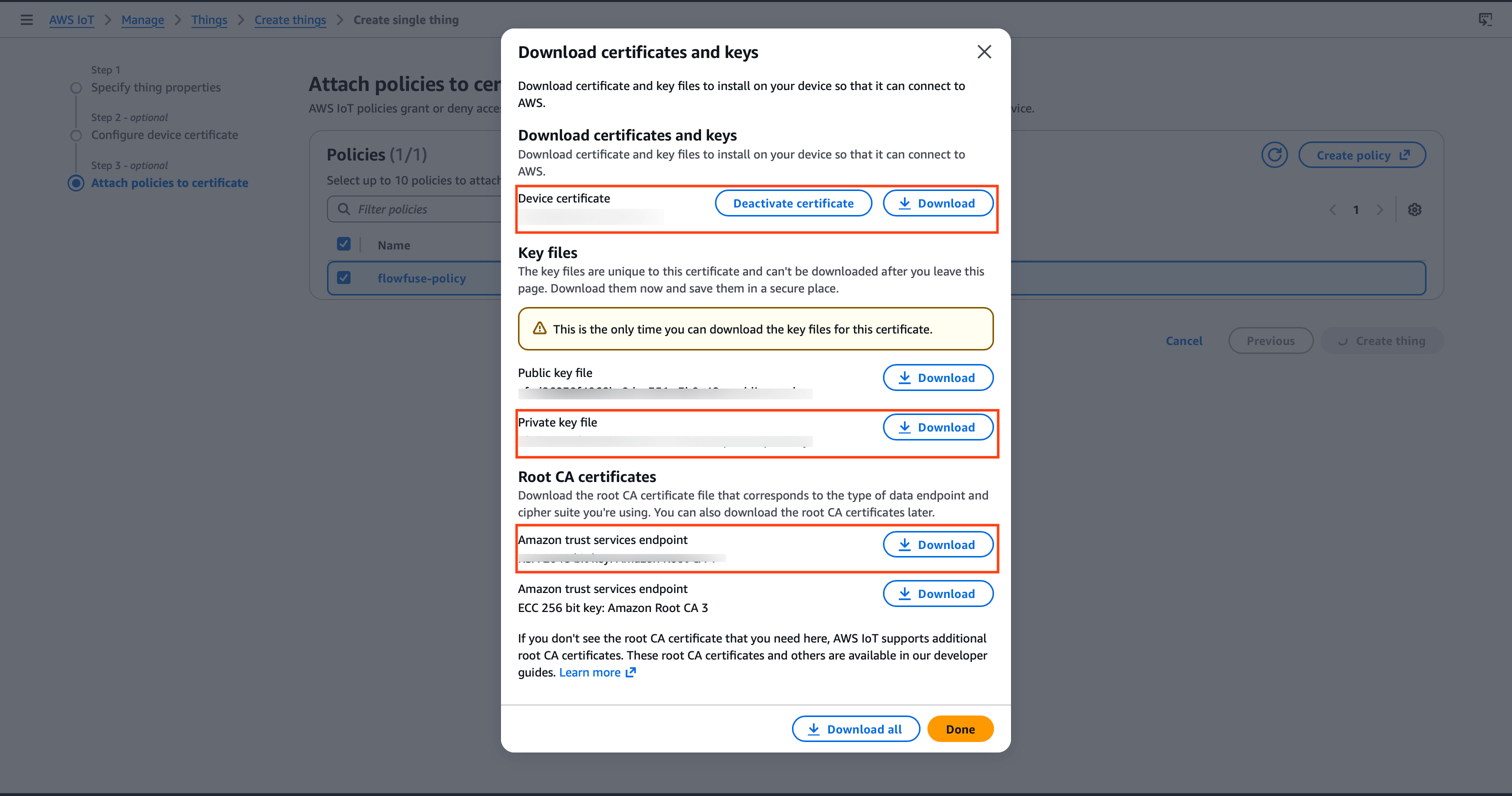 "AWS IoT Core certificate download screen showing the device certificate, private key, and Root CA download buttons"