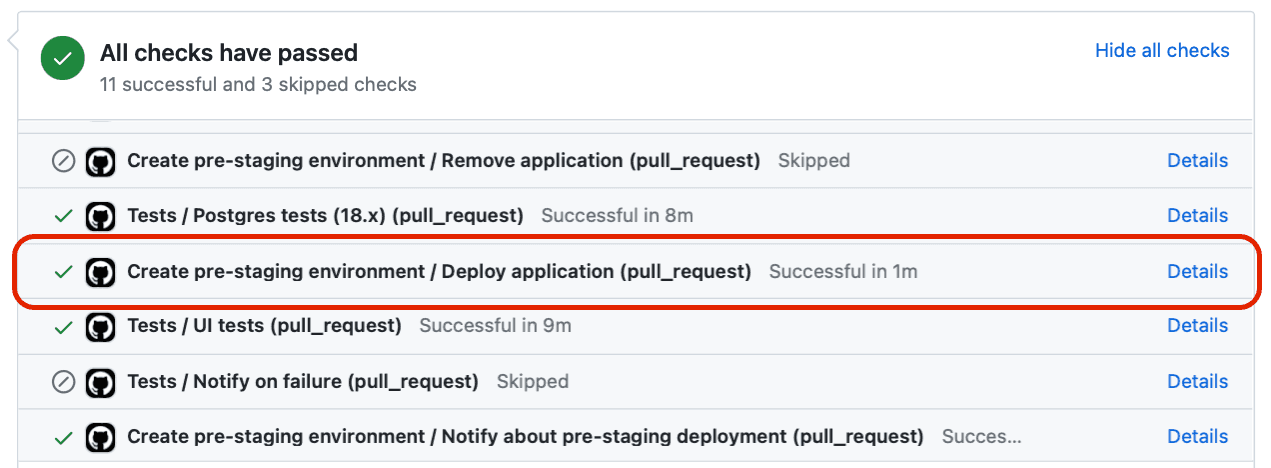 Example entry in the PR status to show the "Deploy Staging" job