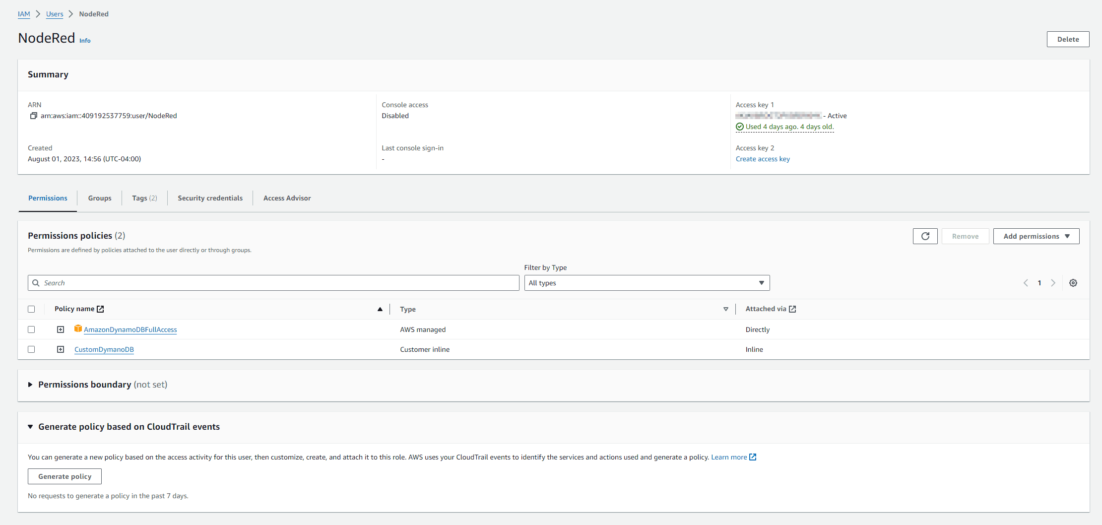 AWS IAM DynamoDB with Node-RED