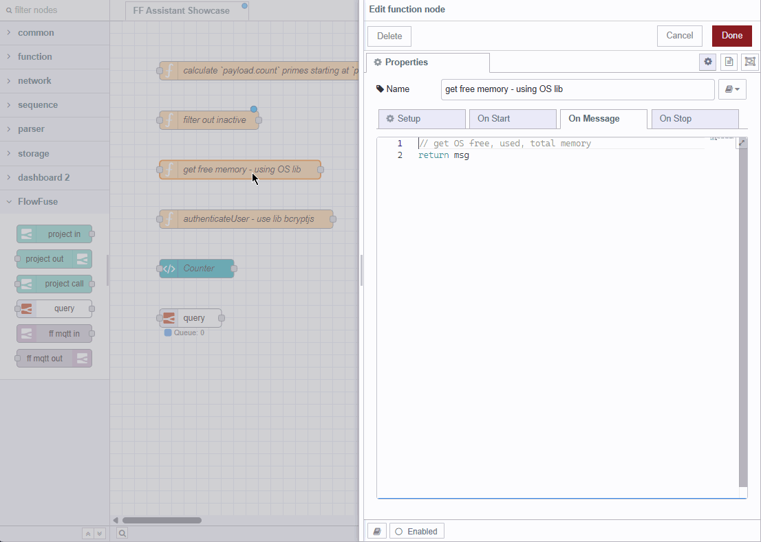Gif showing FlowFuse Expert in Function node