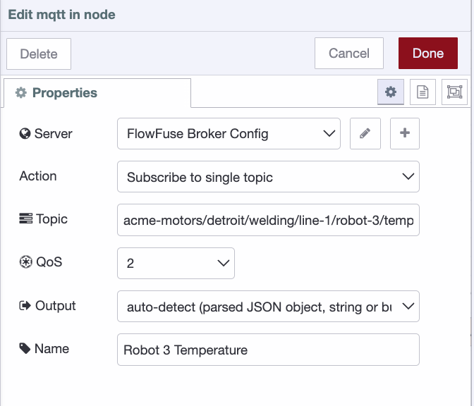 MQTT in node configured in Node-RED with topic set to the ISA-95 hierarchy and QoS set to 2.