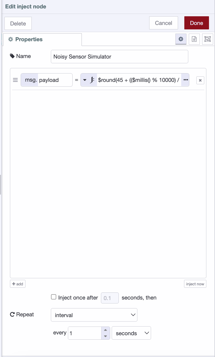 "Inject node configured as a noisy sensor simulator using JSONata expression in FlowFuse"